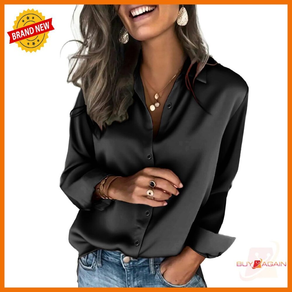 Satin Button Down Shirt Long Sleeve Business Casual Top Women's